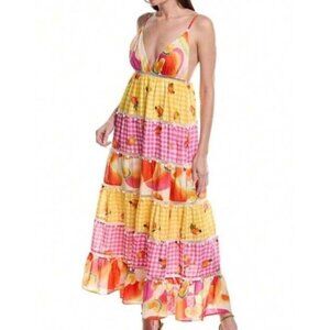 Farm Rio Sz M Dress Mixed Picnic Cashew Maxi Sundress Gingham Sleeveless Tiered